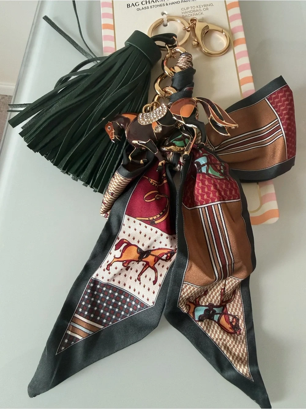 Horse Scarf Tassel Bag Charm in Green, Brown, Burgundy